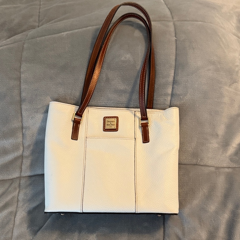 Dooney & Bourke Cream Pebbled Leather Tote with Brown Straps
